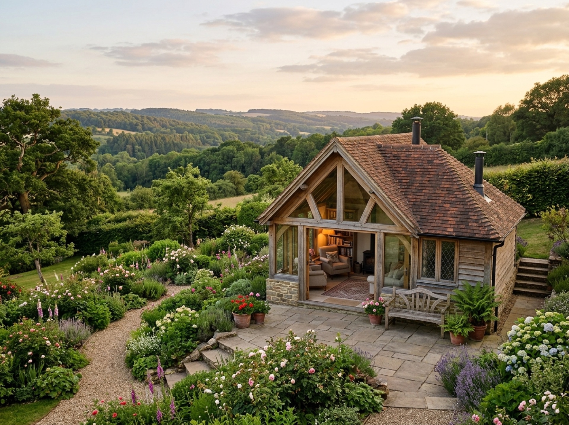 Oak-framed garden room in a sloping garden with views over wooded hills